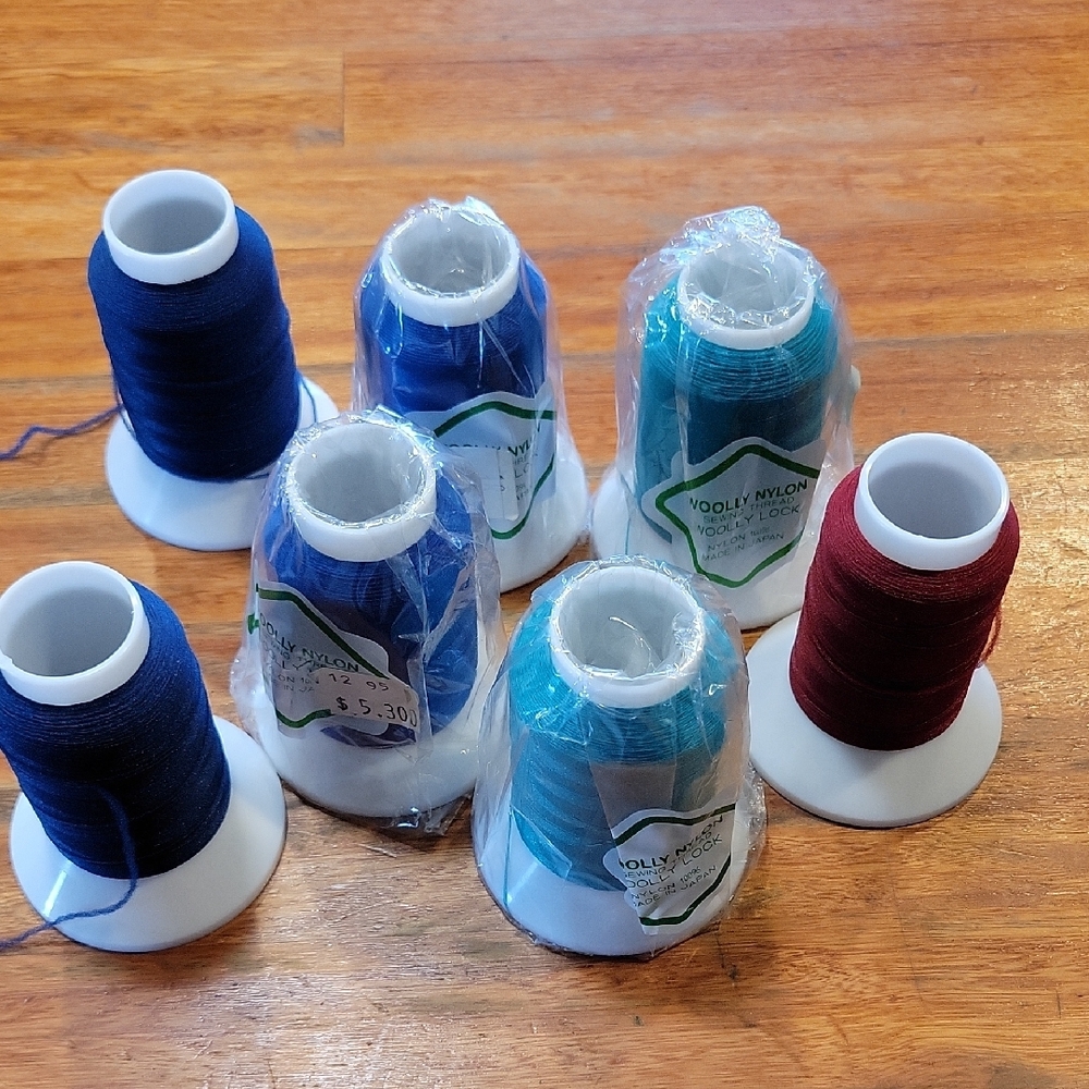 Set of Seven Sewing Thread Spools in Blue and Red